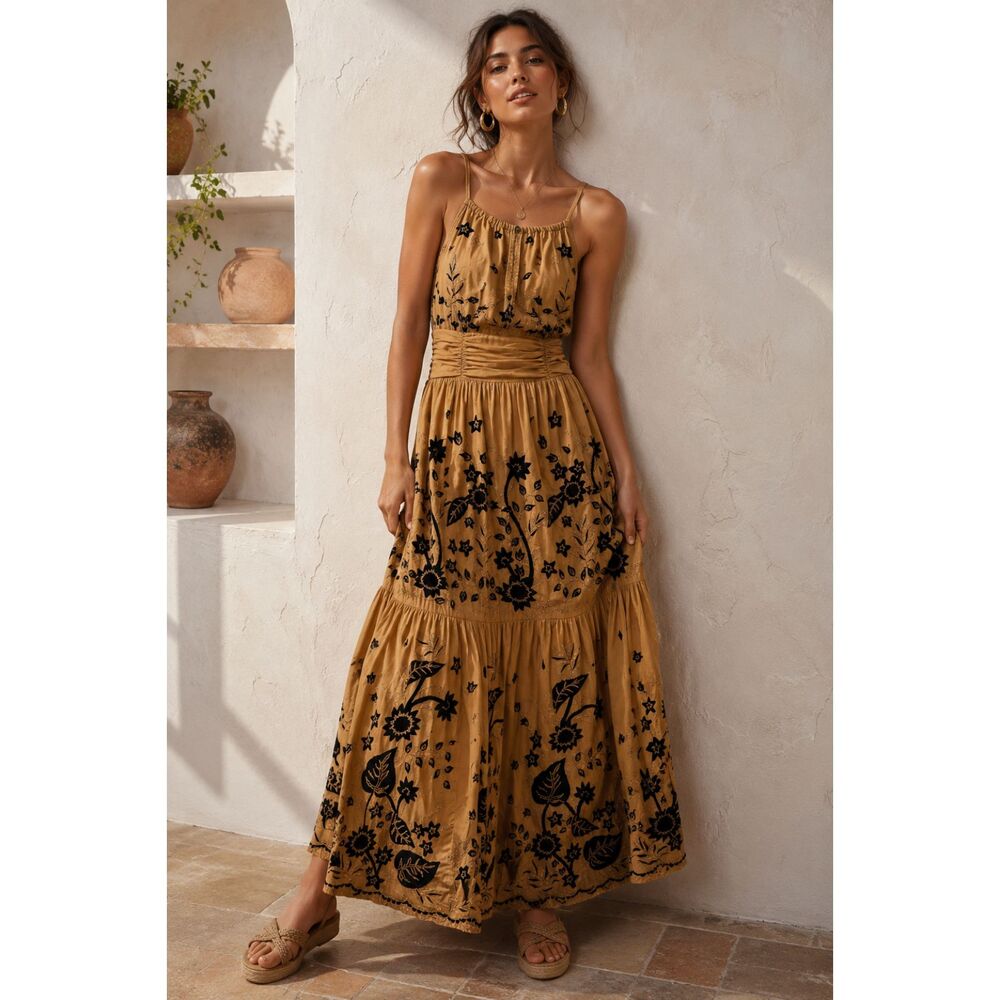 Anthropologie Brown Black Veruschka Embroidered Floral Maxi Dress Women's Size 0